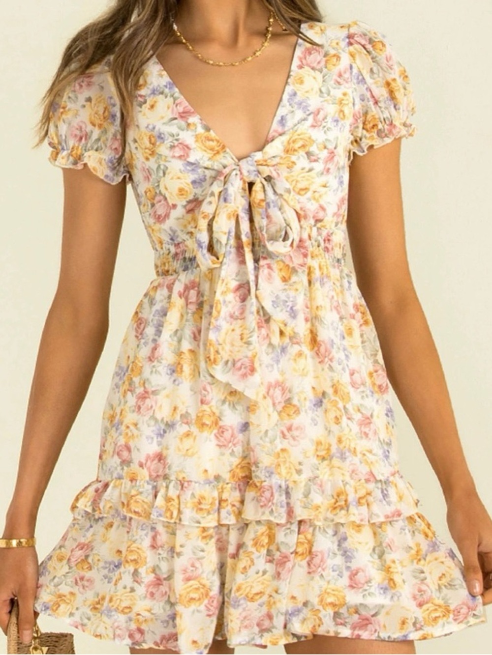Hello Molly Pastel Floral Tie-Front Mini Dress in Cream, Yellow, Pink